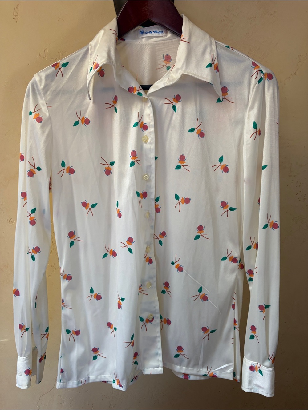 Sz S/M John Meyer Vintage White Printed Polyester Button-Up Shirt - White
